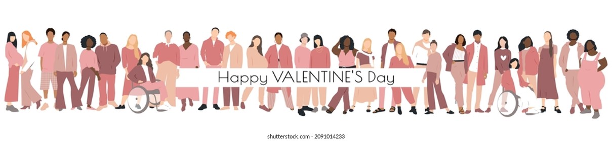 Happy Valentine's day banner. Multinational couples. Flat vector illustration.