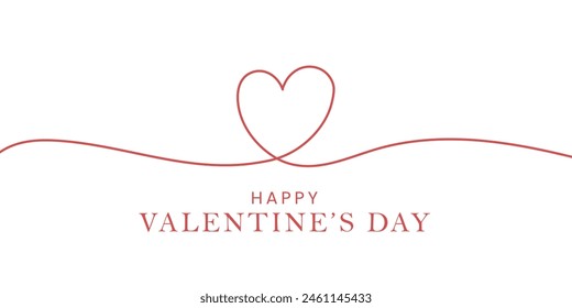 Happy valentines day banner one line red hearts isolated on white background. Vector