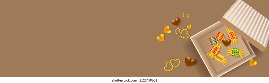 Frohes Valentinstag-Banner. Offene Geschenkbox und verstreute Bonbons und Lollipops. Schokoladenherzen und -süße auf Golden Wrappers
