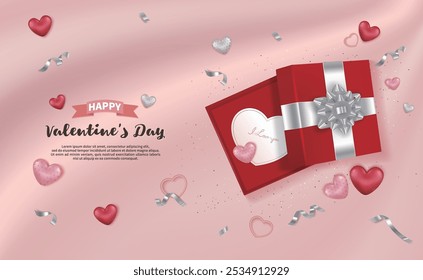 Happy Valentine's Day banner with open red gift box with a card saying I love you inside, decorated hearts and ribbons