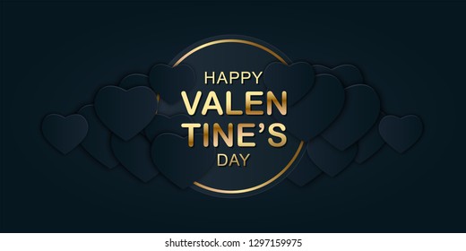 Happy Valentines Day banner with paper hearts black color and gold lettering. Luxury cover isolated on dark background. Horizontal holidays poster, add, header, website, article. Vector illustration