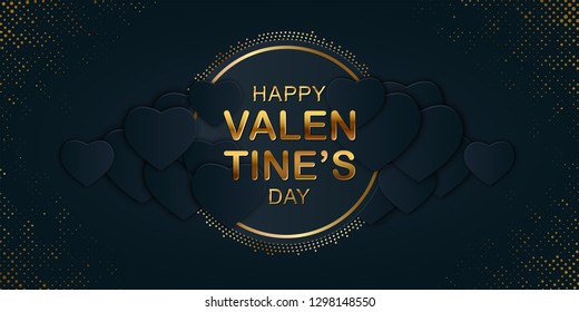 Happy Valentines Day banner with paper hearts black color and gold lettering. Glittering luxury cover on dark background. Horizontal holidays poster, add, header, website, article. Vector illustration