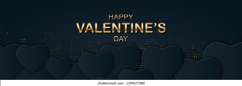 Happy Valentines Day banner with paper hearts black color and gold lettering. Glittering luxury cover on dark background. Horizontal holidays poster, add, header, website, article. Vector illustration