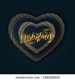 Happy Valentines Day banner with paper hearts black color and gold lettering. Glittering luxury cover on dark background. Horizontal holidays poster, add, header, website, article. Vector illustration