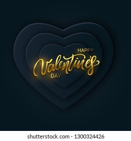 Happy Valentines Day banner with paper hearts black color and gold lettering. Glittering luxury cover on dark background. Horizontal holidays poster, add, header, website, article. Vector illustration