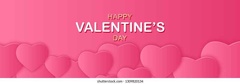 Happy Valentines Day banner with paper hearts pink color and lettering. Soft luxury cover holidays background. Horizontal holidays poster, add, header, website, article. Vector illustration