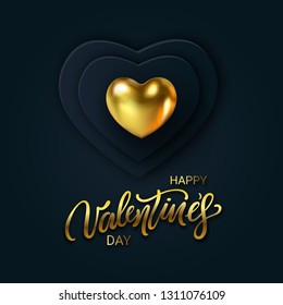 Happy Valentines Day banner with paper hearts black color and gold lettering. Glittering luxury cover on dark background. Horizontal holidays poster, add, header, website, article. Vector illustration