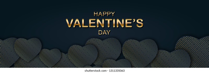 Happy Valentines Day banner with paper hearts and gold lettering. Spanish Phrase Feliz San Valentin. Glittering cover on black background. Horizontal holidays poster, header, web. Vector illustration