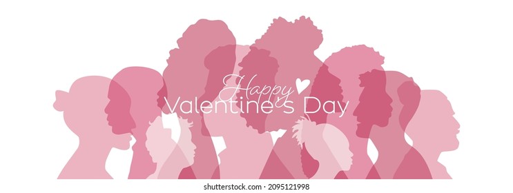 Happy Valentines Day banner. People of different ethnicities stand side by side together. Flat vector illustration.