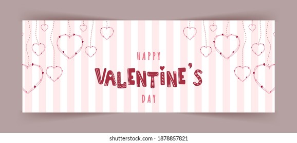 Happy Valentines day banner with pink hearts. Cute romantic background. Vector illustration in cartoon style. Web banner for commercial discounts.