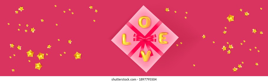 Happy Valentine's day banner. Pink gift box and golden confetti. Holiday banner