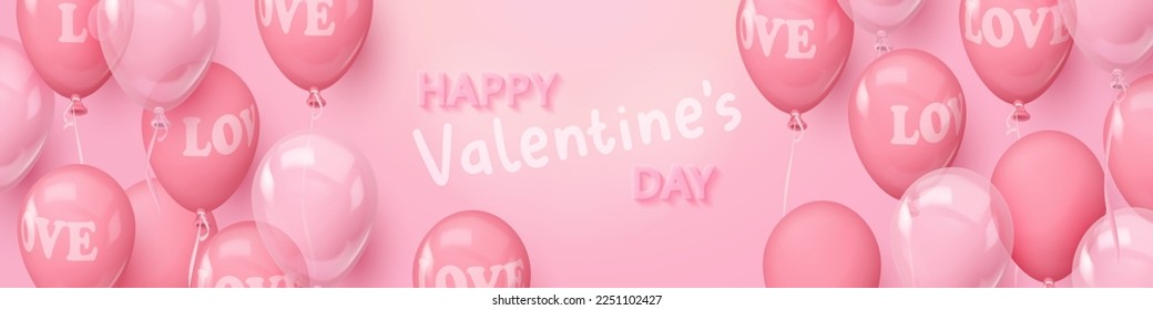 Happy Valentine's Day Banner with pink realistic glossy, matt and clear balloons with word LOVE. Vector illustration for card, party, design, flyer, poster, decor, banner, web, advertising. 