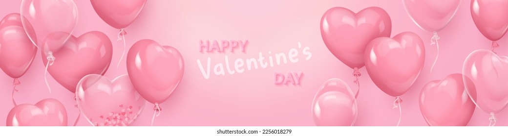 Happy Valentine's Day Banner with pink realistic glossy and clear hearts balloons. Vector illustration for card, party, design, flyer, poster, decor, banner, web, advertising. 