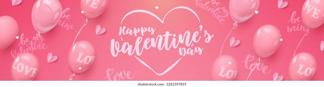 Happy Valentine's Day Banner with pink 3d realistic balloons with word LOVE, paper hearts, letterings. Vector illustration for card, party, design, flyer, poster, decor, banner, web, advertising. 
