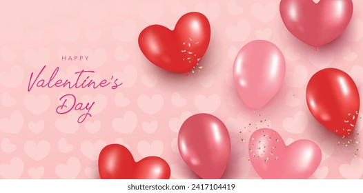 Happy Valentine's Day banner with pink red balloons, hearts and calligraphic lettering, Heart background for promotion, template, website, social media, ads, sale, discount, invitation card, party.