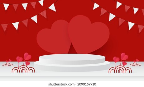 Feliz Día de San Valentín con plataforma de podio para mostrar producto para el amor festivo sobre fondo de corazón rojo. Ilustración de corte de papel y estilo artesanal