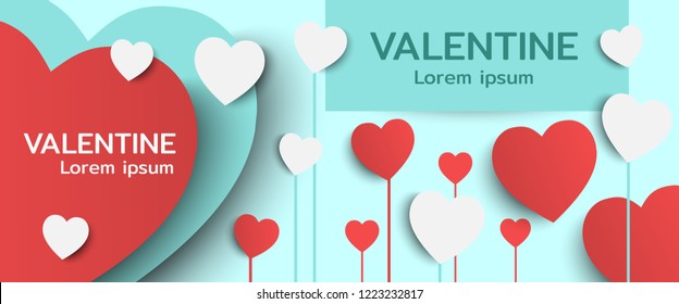 Happy Valentines Day Banner Postcard Vintage Lettering Background Design Elements Cut Paper Heart Style.Vector Illustration.