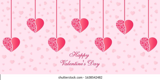 Happy Valentine's Day banner, poster,  greeting card, invitation card, postcard with hanging pink hearts and text on isolated background
