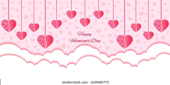 Happy Valentine's Day banner, poster,  greeting card, invitation card, postcard with pink hearts hanging over white clouds and text on isolated background