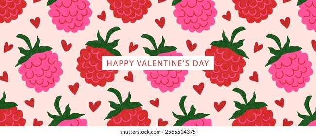 Happy valentines day banner with raspberry and hearts. Trendy modern design with grainy texture. Vector illustration , template of web banner, poster, promotional materials, cover artwork