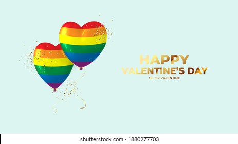 Happy Valentine's Day banner. Realistic rainbow balloons in the shape of hearts, golden confetti on light blue background. Vector illustration with 3d decorative objects for Valentine's Day.