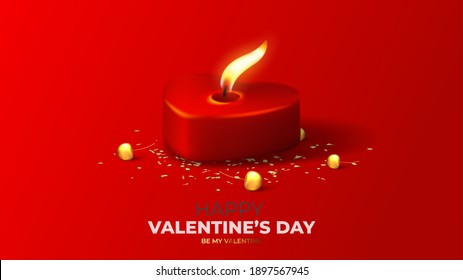 Happy Valentine's Day banner. Realistic red burning candle, gold cherries and confetti on red background. Vector illustration with 3d decorative objects for Valentine's Day.