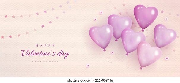 Happy valentine's day banner with realistic balloons and flowers. Vector illustration