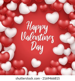 Happy Valentine's Day banner realistic red and white hearts border vector illustration. Romantic holiday greeting card love congratulations message. Enamored couple romance event celebration