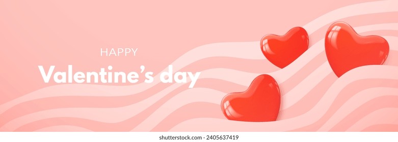 Happy Valentine's day banner with realistic decorative glossy red 3d hearts and wave lines on a delicate candy background. Love banner, gift voucher, cute greeting card. Vector illustration