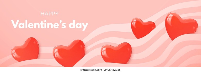 Happy Valentine's day banner with realistic decorative glossy red 3d hearts and wave lines on a delicate candy background. Love banner, gift voucher, cute greeting card. Vector illustration