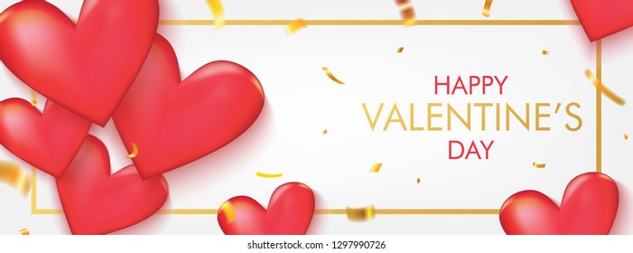 Happy Valentine's Day banner. Red Hearts with Gold Confetti on White Background Vector Design.