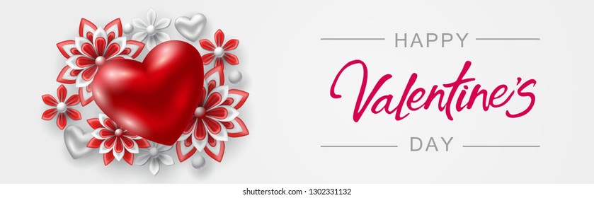 Happy Valentines Day banner with red heart and paper flowers on a white background. Vector illustration.