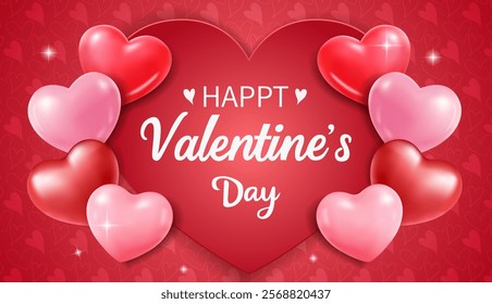 Happy Valentine's Day banner with red and pink 3d hearts, modern art design for website, design media, poster