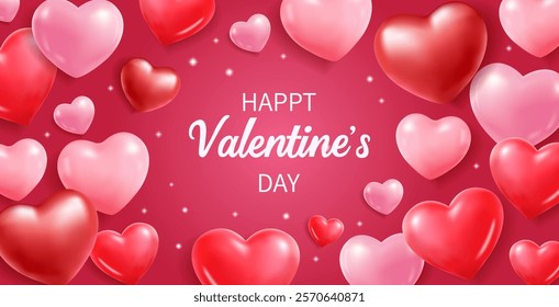 Happy Valentine's Day banner with red and pink 3d hearts, modern art design for website, design media, poster