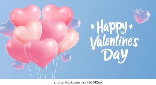 Happy Valentine's Day banner with red and pink 3d hearts, modern art design for website, design media, poster