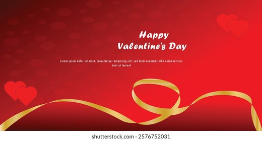 Happy Valentine's day banner with red colour and gold line background, Sales header or voucher template with hearts. Place for text, Heart shape and gold line ribban,