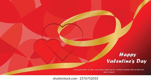 Happy Valentine's day banner with red colour and gold line background, Sales header or voucher template with hearts. Place for text, Heart shape and gold line ribban,