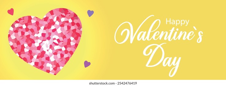 Happy Valentines Day banner. Romantic Valentines Day greeting with a vibrant heart made of pink confetti on a bright yellow background. Horizontal poster, flyer, greeting card, header for website