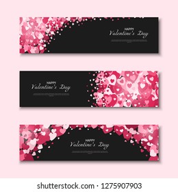 Happy Valentine's Day banner set with pink hearts and text. Flyer, invitation, sale, discount coupon, 8 march, international women day, wedding template. Vector. 