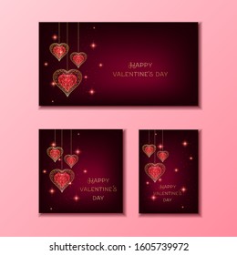 Happy Valentines Day banner set with red and golden glowing low polygonal hanging hearts and stars on dark red background. Modern wire frame mesh design vector illustration. 