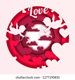 Happy Valentines Day banner with shining red hearts, ribbons, doodles and paper craft. Greeting card illustration on light background - Vector. Love ribbon, paper, 3d hearts. Menu, flyer, tag, banner