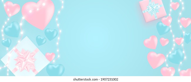 Happy Valentine's Day banner with shining lights garland, light bulbs, hearts, gift box on blue background. Valentine's Day card. Hearts background.