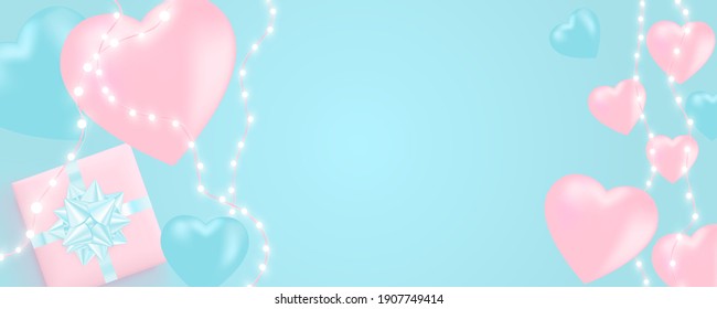 Happy Valentine's Day banner with shining lights garland, light bulbs, hearts, gift box on blue background. Valentine's Day card.