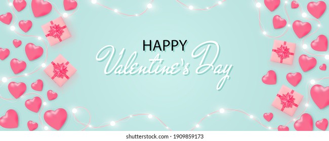 Happy Valentine's Day Banner With Shining Lights Garland, Light Bulbs, Hearts, Gift Box On Blue Background. Valentine's Day Card.