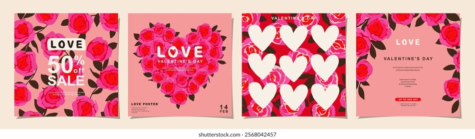 Happy Valentines Day banner for social media posts, poster, banners, sale promotion, marketing, and card design. Rose flower backgrounds, lovely patterns made up of roses.