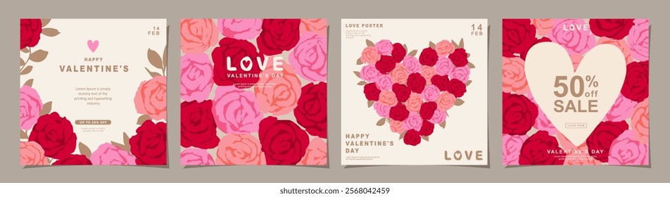 Happy Valentines Day banner for social media posts, poster, banners, sale promotion, marketing, and card design. Rose flower backgrounds, lovely patterns made up of roses.