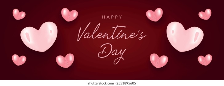 Happy Valentine's Day Banner with soft pink hearts and calligraphic lettering on claret red background. Vector illustration for poster, discount, sale, promotion, voucher, greeting card, web site.