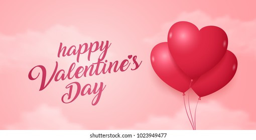 happy valentines day banner template typography and balloon hearts shaped on pink background decoration for flyers, poster, web, banner, and card vector illustration