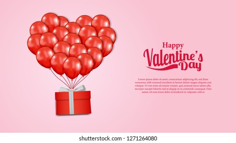 Happy valentine's day banner template with flying helium hearth pink balloon. Vector illustration