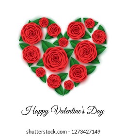 Happy Valentine's day banner template with heart  of red roses.  Flowers for greeting  cards,  posters, sale advertisement.  Floral background. Vector illustration.